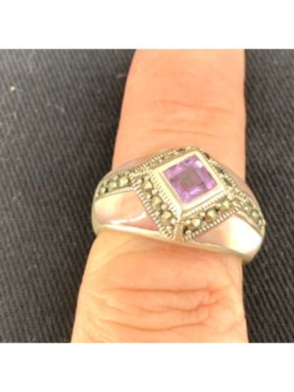 Purple Spinel Marcasite Pink Enamel Ring Sz 7.5 Thailand 7.4 Grams - Picture 3 of 8